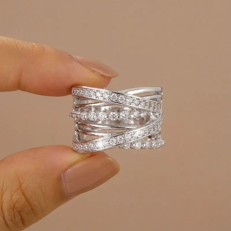 

Daily Wear Geometric Crossed Cubic Zircon Rings for Women Silver Colour High Quality Female Accessories Wedding Party Jewelry