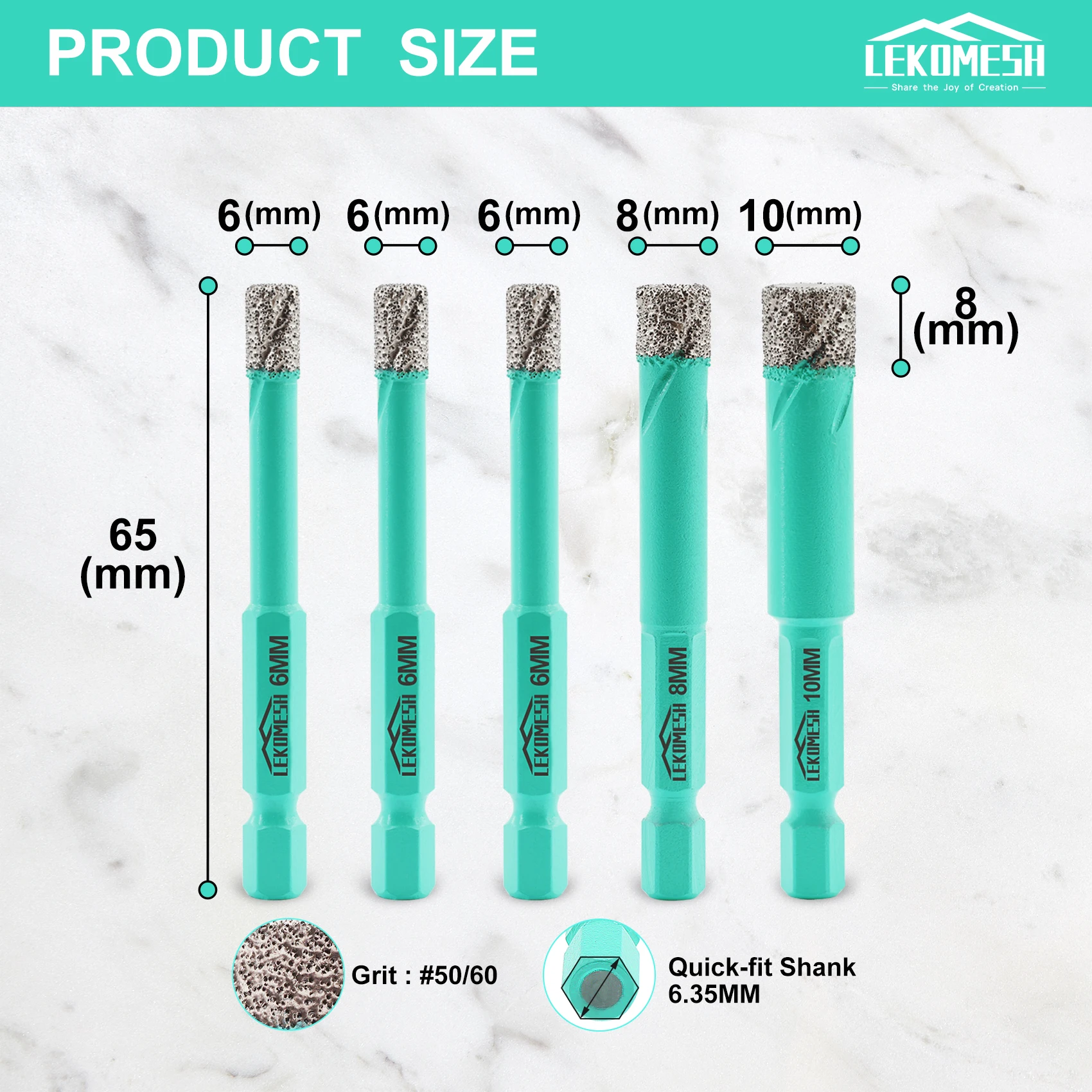 LEKOMESH 5pcs 6/6/6/8/10mm Diamond Drilling Bits Quick-Fit Shank Diamond Hole Saw Opener For Ceramic Granite Marble Core Drill