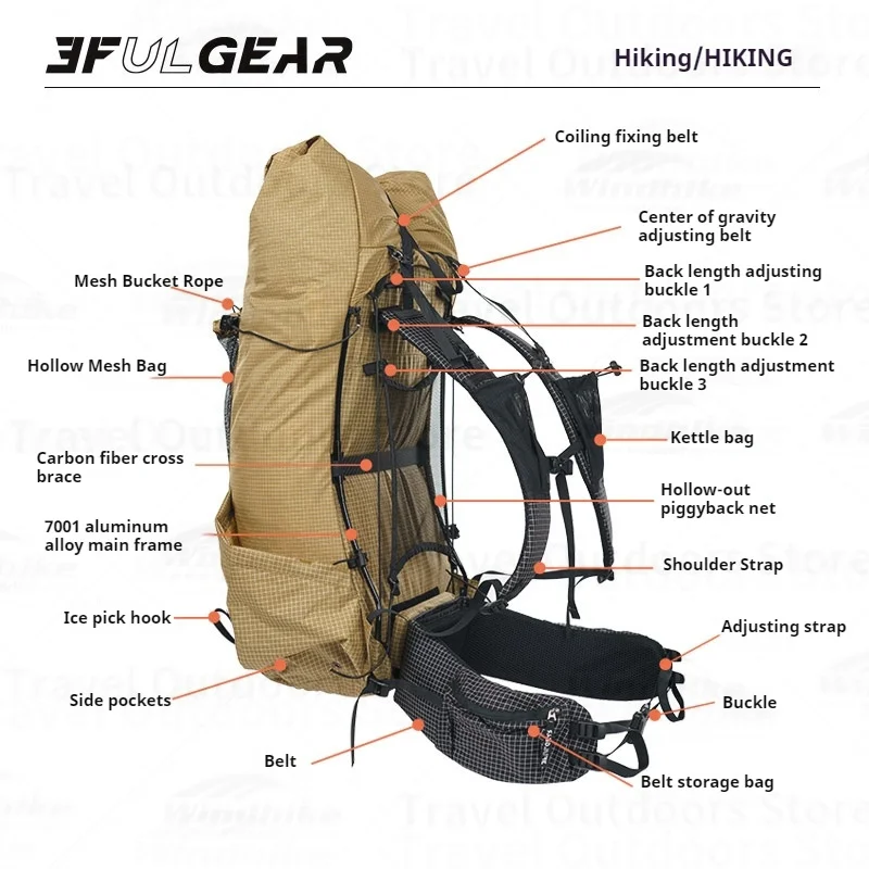 3F UL GEAR Outdoor Hercules Nylon Backpack 35+10L Ultralight Waterproof Adjustable Camping Large Capacity Mountaineering Bag