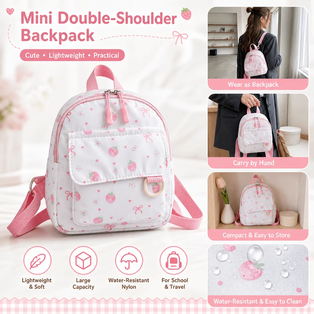 Sweet Nylon Mini Shoulder Bag Strawberry Print Waterproof Kids School Bag Soft Large Capacity Student Backpack For Girls