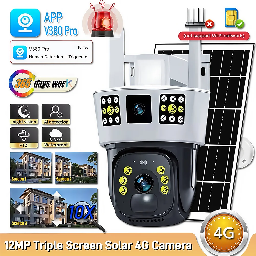 

3-Screen Solar 4G Camera 12MP PTZ Wireless Low-Powered CCTV Security Surveillance Colour Night Vsion Outdoor V380 Pro Camera