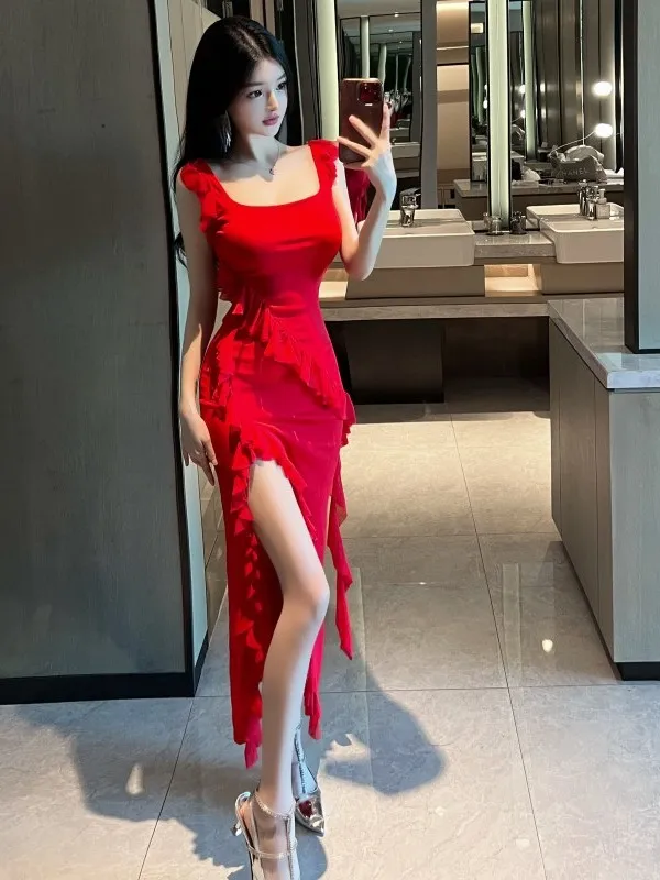 Red Dress Elegant Long Dresses Sexy Square Collar High Waist Thin Ruffle High Split Strap Dress Fashion Sweet Korean Women E8MR