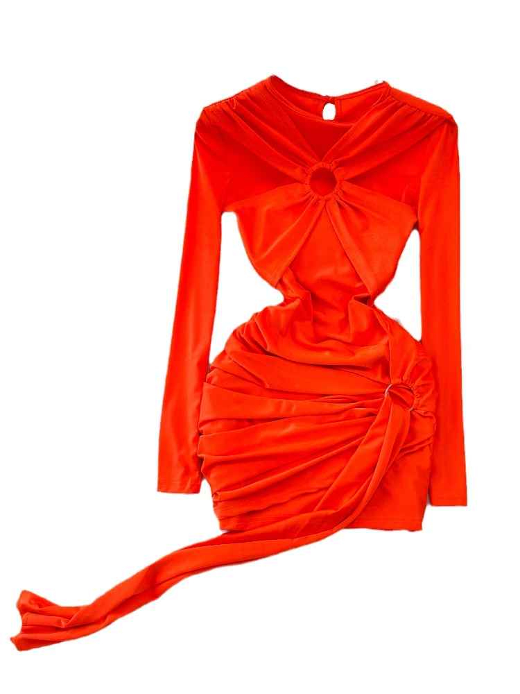 Foamlina Spring Fashion Sexy Girls Long Sleeve Tight Waist Slimming Short Mesh Base Dress Women Trendy Orange Bottom Dresses