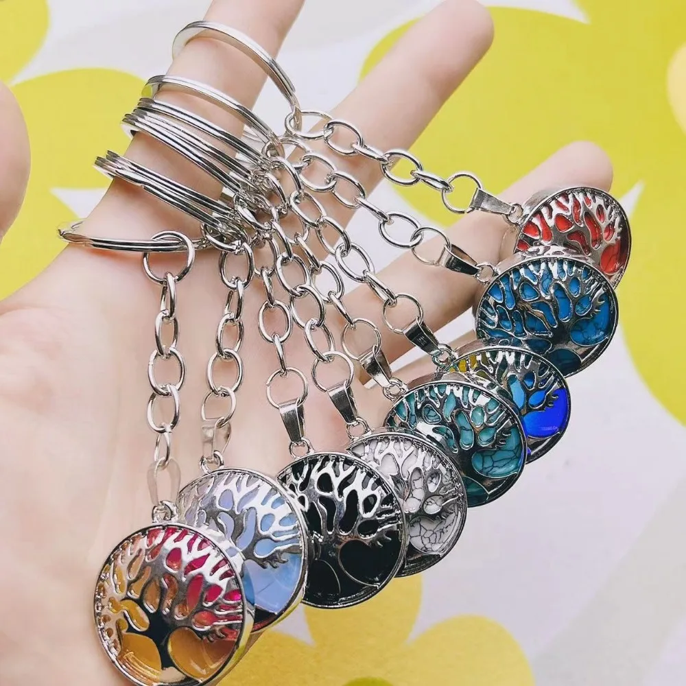 

10pcs Healing Natural Stone Keychain Hollow Tree of Life Pink Tigers Eye & Colorful Glass Crystal Key Ring Chain Keyring