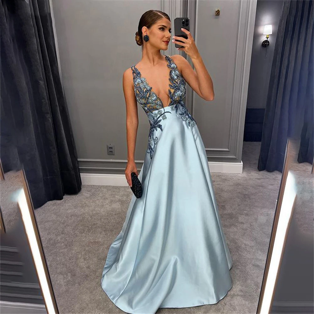 Elegant Satin V-Neck Evening Dresses Women Sexy Lace Embroidery Party Customized Prom Gowns Formal Long Party Vestidos De Noches