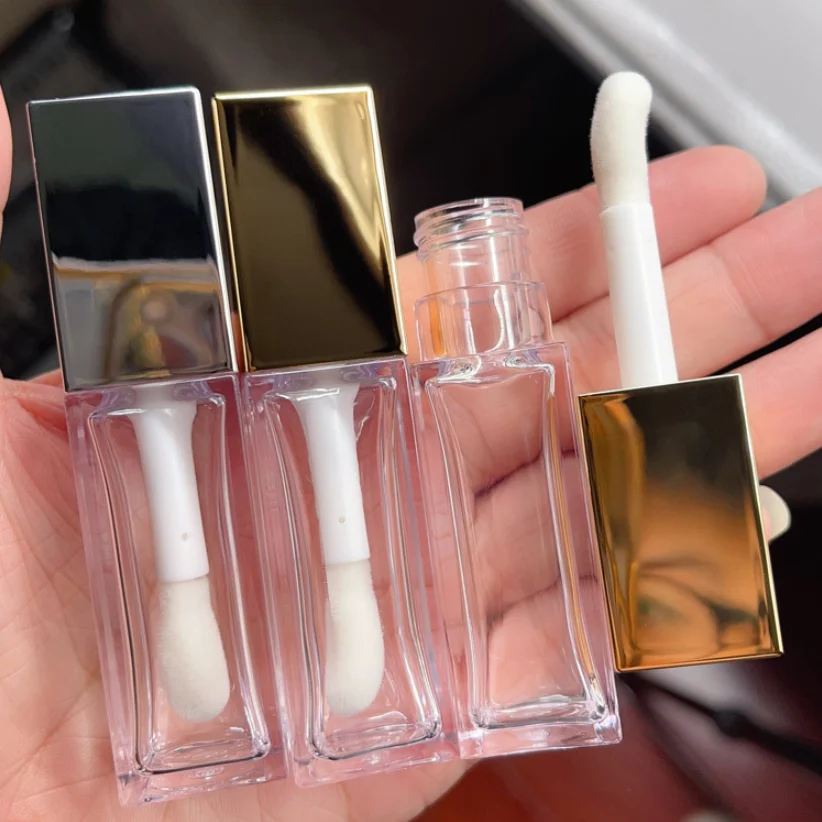 Lip Gloss Tube Pack Private Label Metallic Silver Gold Cap Square Tubes 9ML Empty Big Brush Lipgloss Bottle Container