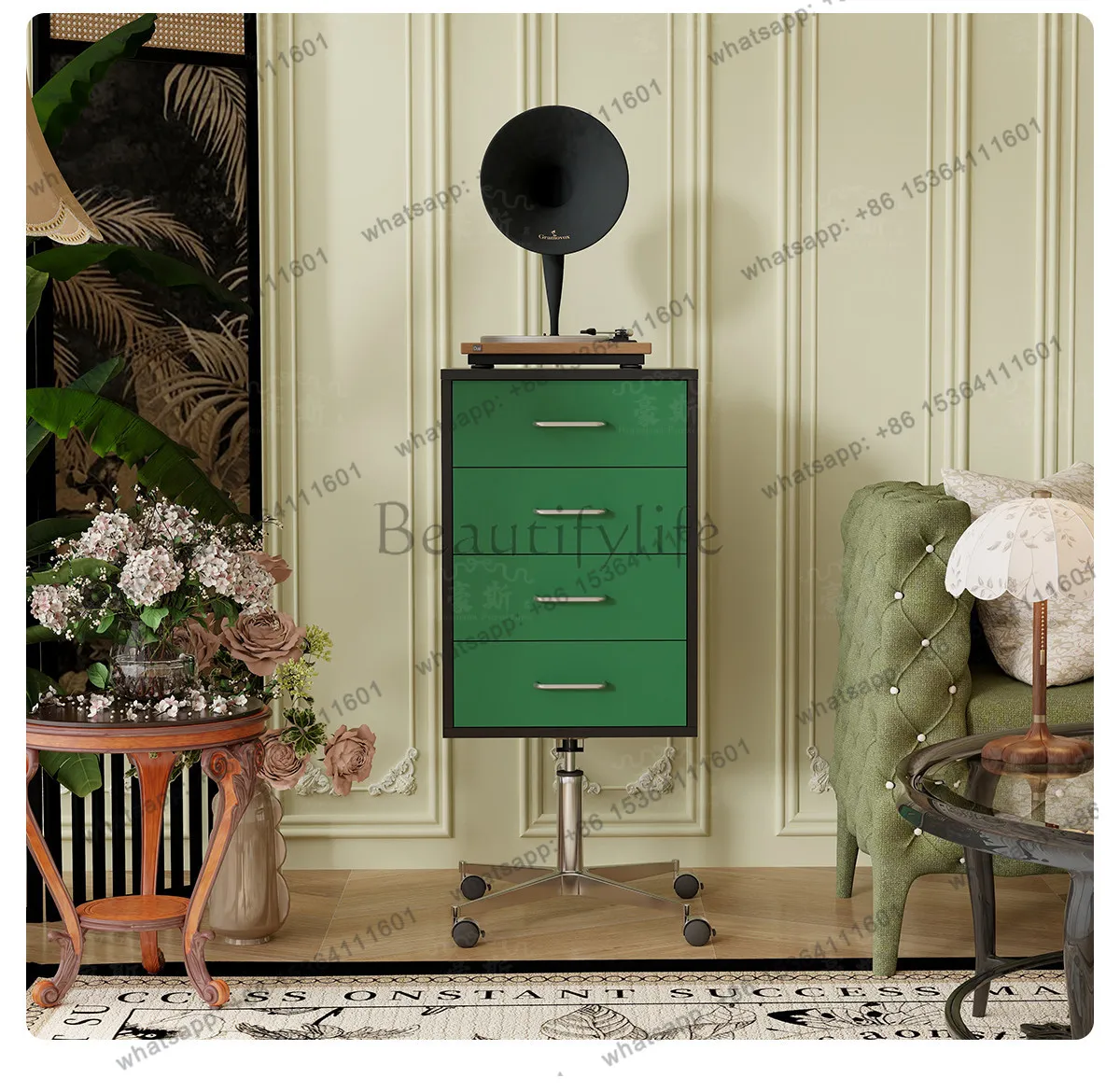 Retro style movable lifting side cabinet, medieval tea table in living room, sofa storage side cabinet