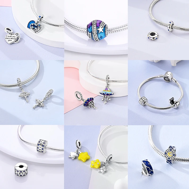 925 Sterling Silber Sonne Sternenhimmel Charms Serie Gold Sonne Sterne Mond Anhänger Passend für Armband DIY Schmuck Original Mode für Frauen – Detail 9