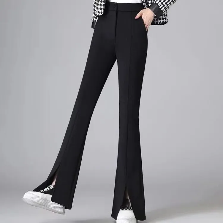 ارتفاع الخصر متوهج السراويل النسائية صوف مبطن أسود سبليت الخريف الشتاء مستقيم الساق السراويل المألوف حجم كبير #4