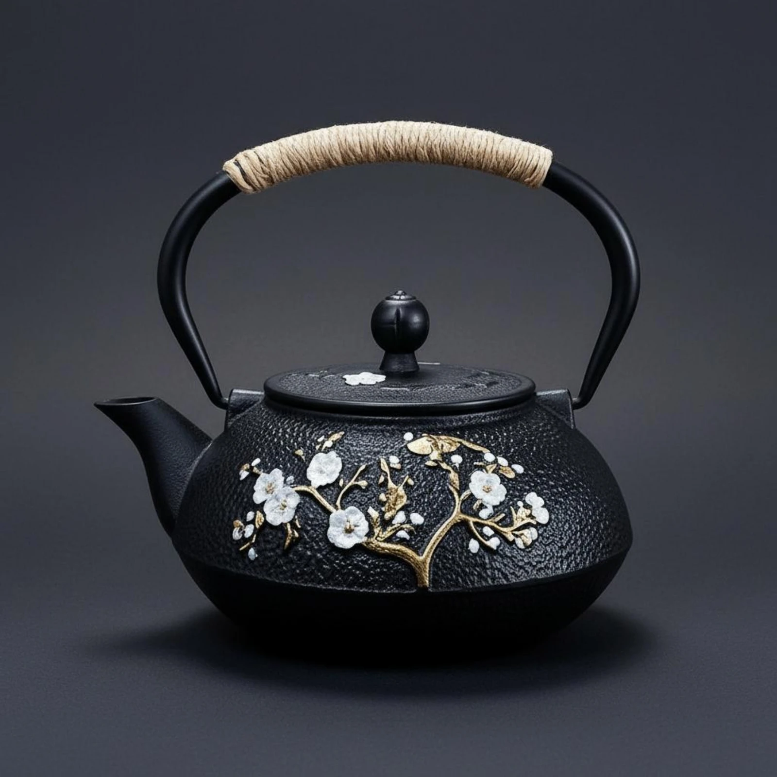 Japanese Tetsubin Floral Branch Pattern Cast Iron Teapot Japanese-Type Teapot Uncoated Black Tea Kettle Fitted Lid
