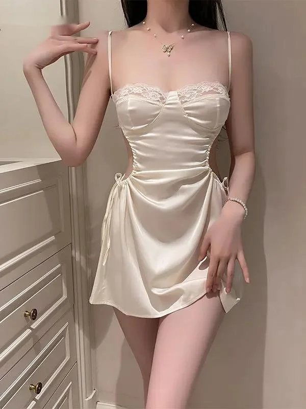 Sexy Women\'s Summer New Thin Silk Short Dress Elegant Chest Gathering Open Back Suspender Waist Drawstring Hollow Dresses G8PL