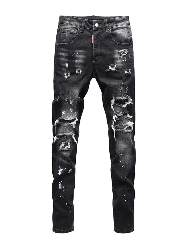 

High-End Men's Skinny Jeans Dark Grey Black Washed out Printed Casual Torn Jeans Luxury Brand Youth Wear Winter Season