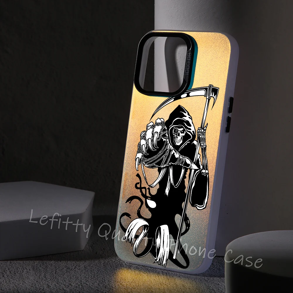 

Grim Reaper Skeleton Phone Case Laser Metallic For IPhone 16 15 14 13 12 11 Pro Max Matte Aurora Multicolor Gradient Cover