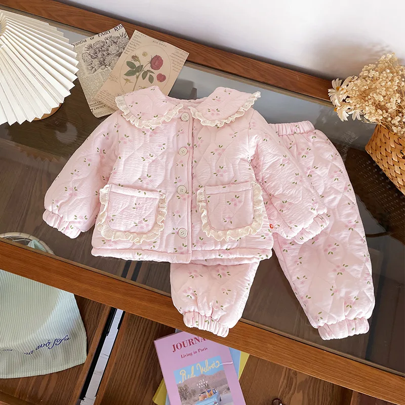 Children's Fleece Set 2025 Winter Lace Floral Girls Fleece Thicker Set Fashion Casual Baby Clothing