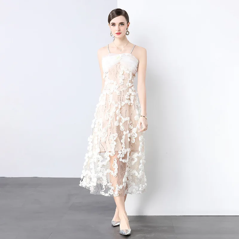 

mesh embroidery sequins three-dimensional flower cut diamond studded suspender waist cinching slim fit dress for summer