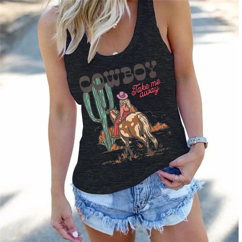 Cowboy Take Me Away Vintage Countryside Vest Women's Retro Cowgirl Saguaro Cactus Print Tshirt Western Retro Sleeveless Tank Top