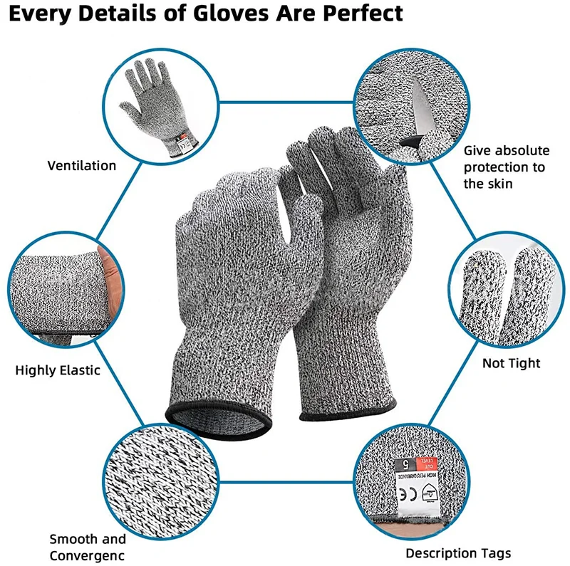 HPPE Cut Resistant Gloves Grade 5 Glass Factory Protective Abrasion Resistant Safety Gardening Kitchen Butchery Fishing Gloves