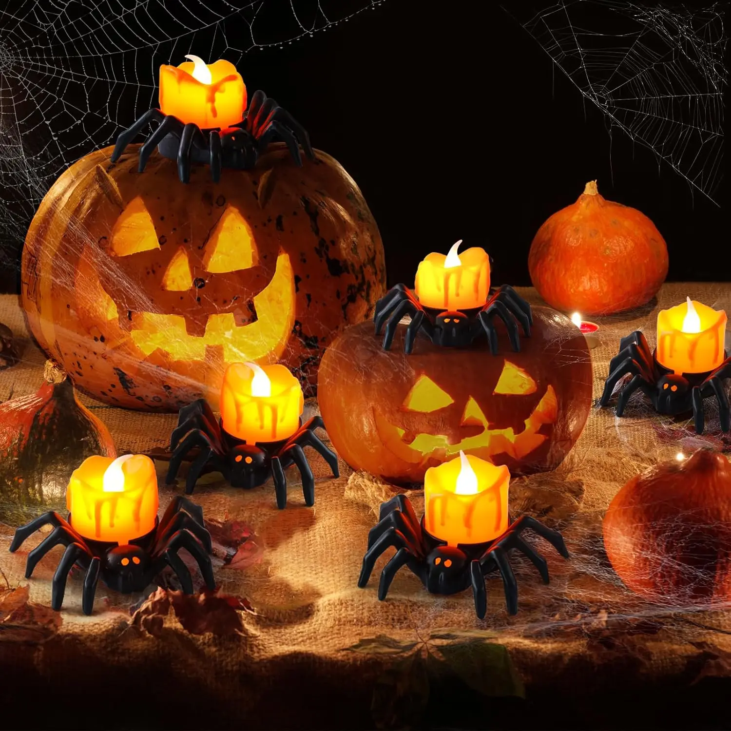 6-60PCS Halloween Spide Pumpkin Candles Flameless LED Tealight Candles Holder Battery Operated Halloween Decorations Party Gifts