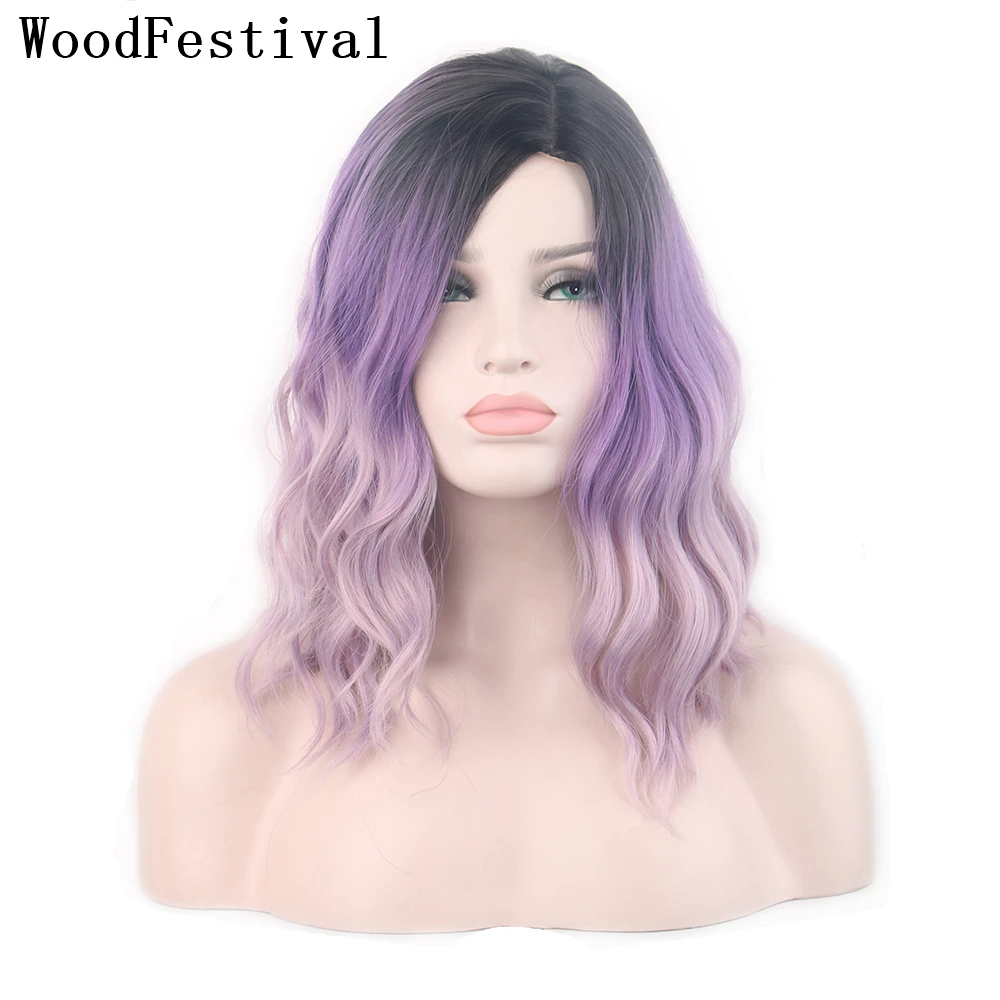 

WoodFestival Synthetic Hair Cosplay Wigs For Women Short Wig Black Ombre Purple Pink Curly Halloween Female