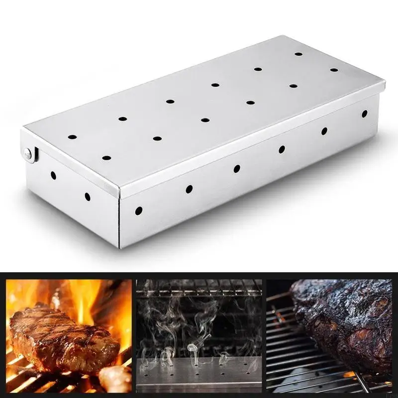 F19B Stainless Steel Smoking Smoker Box For BBQ Chips Barbecue Grilling