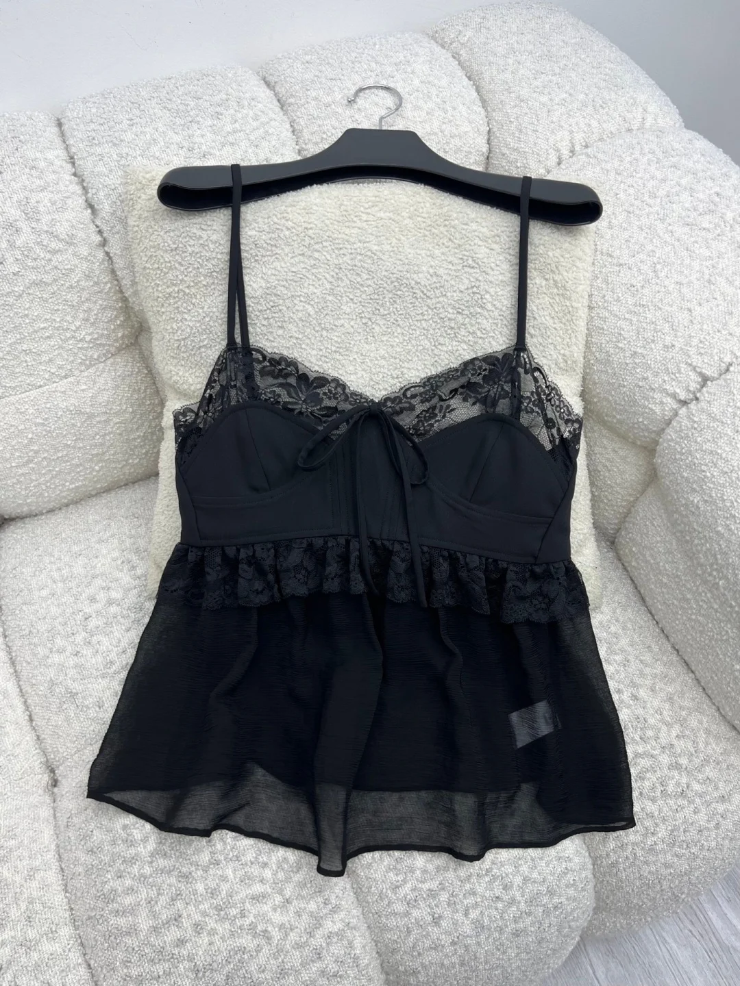 Lace Trim V Neck Bow Front Cami Dress Women Sheer Chiffon Ruffled Hem Mini Party Dress