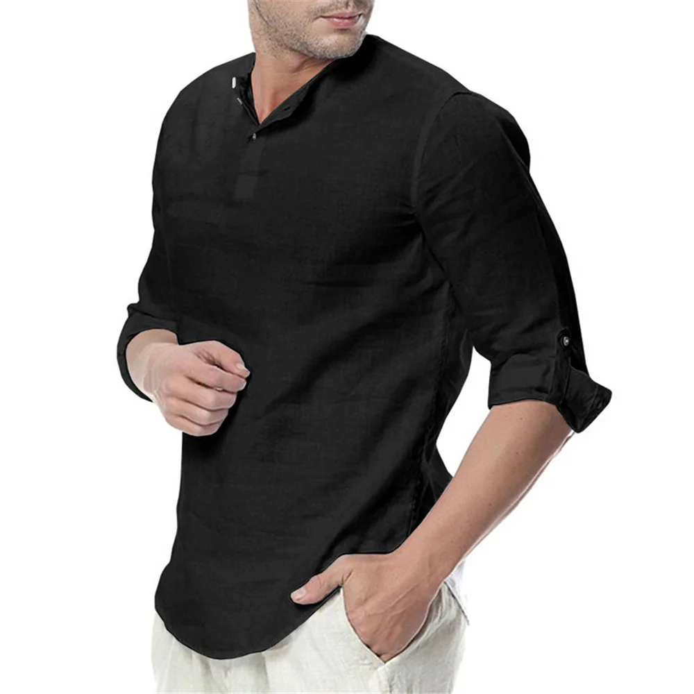 Camisa de manga comprida de linho algodão masculina, tops havaianos soltos masculinos, respirável, confortável, casual, estilo fashion, monocromática