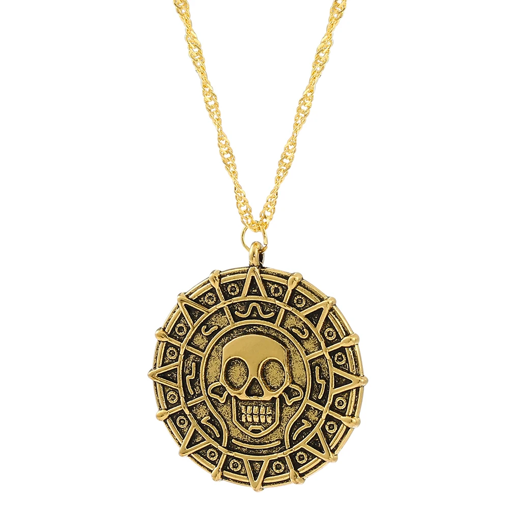 Piratas del Caribe Jack Sparrow Esqueleto azteca Cabezas de cráneo Moneda Medallón Colgante Collar de joyería vintage para venta al por mayor
