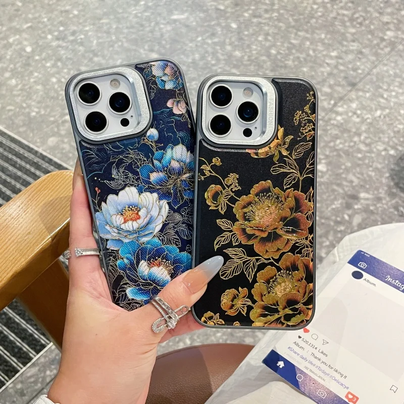 

Luxury Gilding Lotus landscape Phone Case for iPhone 17Pro 13 14 15 16 17 Pro Max Air Peony advanced Magsafe Magnetic Cover