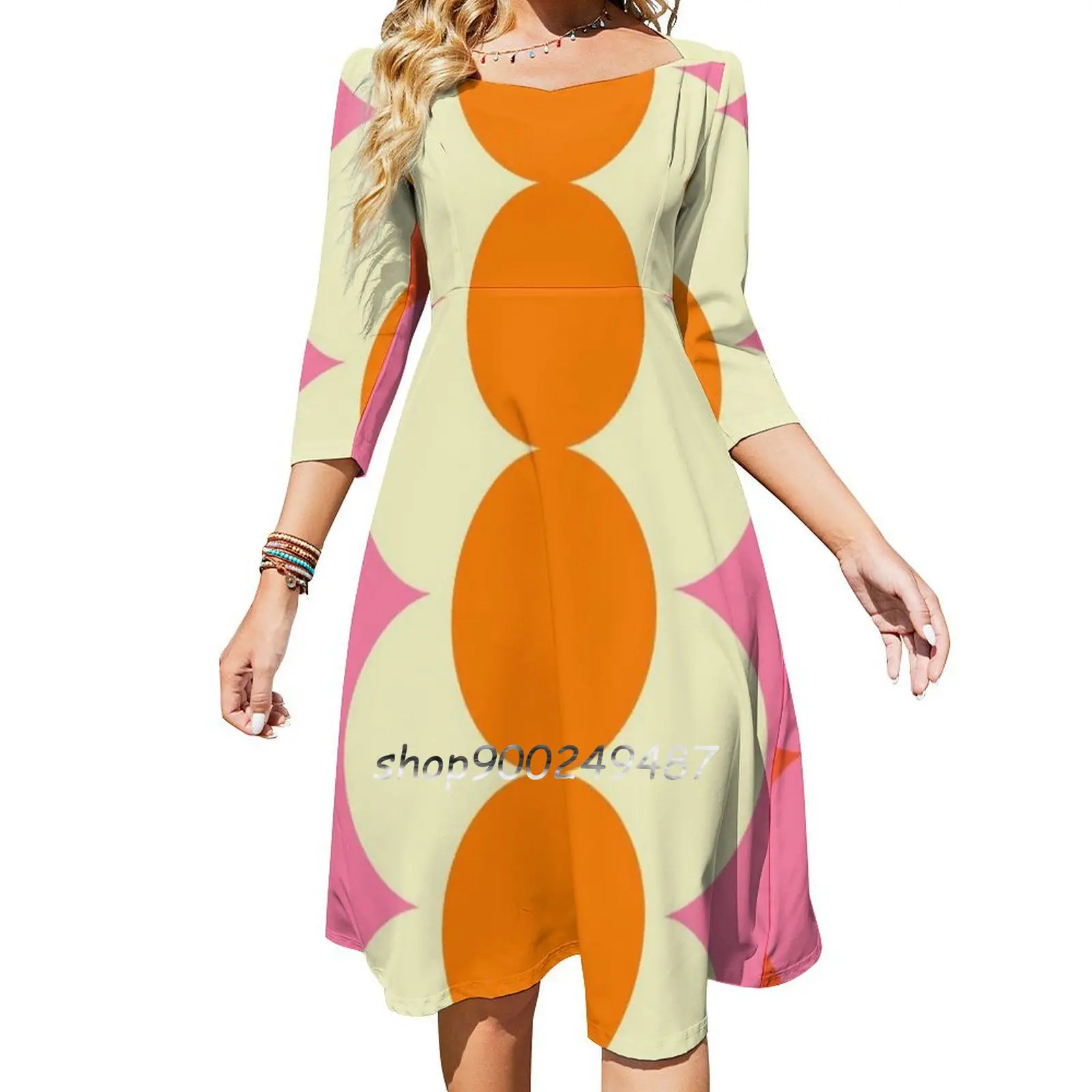 Gradual Sixties Flare Dress Square Neck Dress Elegant Female Fashion Printed Dress Graphic Pattern Degrade Gradient Circles