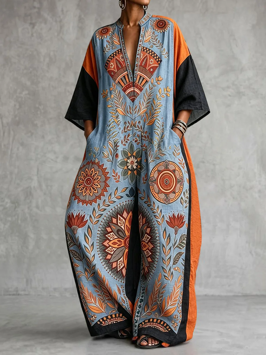 Freeacy Women Bohemian Floral Print Jumpsuit Deep V‑Neck Three Quarter Sleeve Oversized Wide Leg Jumpsuit Vacation Casual Romper