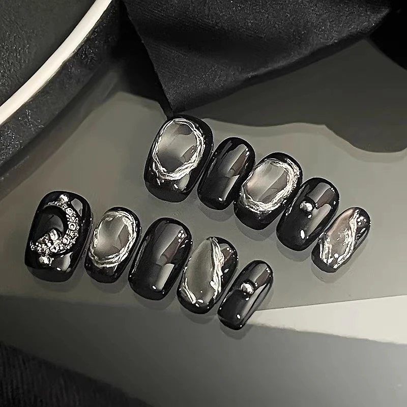 

10pcs Dark Punk Style Cat's Eye Press on Nails Sparkling Manicure Wearable Nail for Women and Girls False Nail