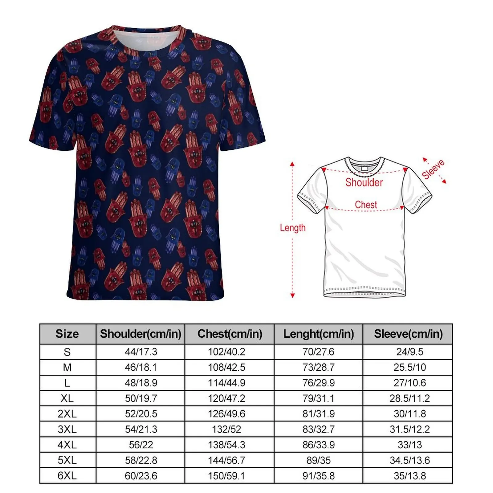 Women T-Shirt Hamsa Hand O Neck T-Shirts Short Sleeve Red And Blue Aesthetic Design Tops Streetwear Clothing Big Size 5XL 6XL