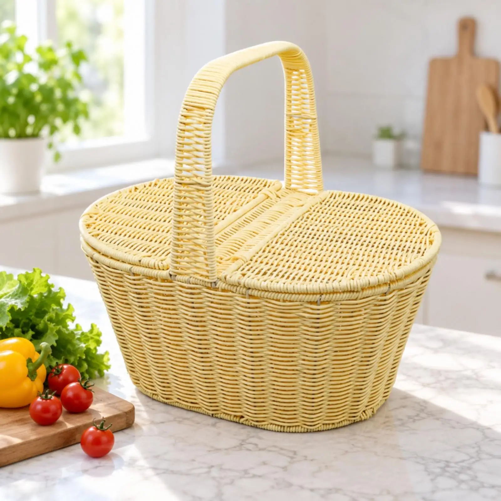 Wicker Style Outdoor Storage Basket with Split Lid for Market Trips Patio Decor Portable Carrier