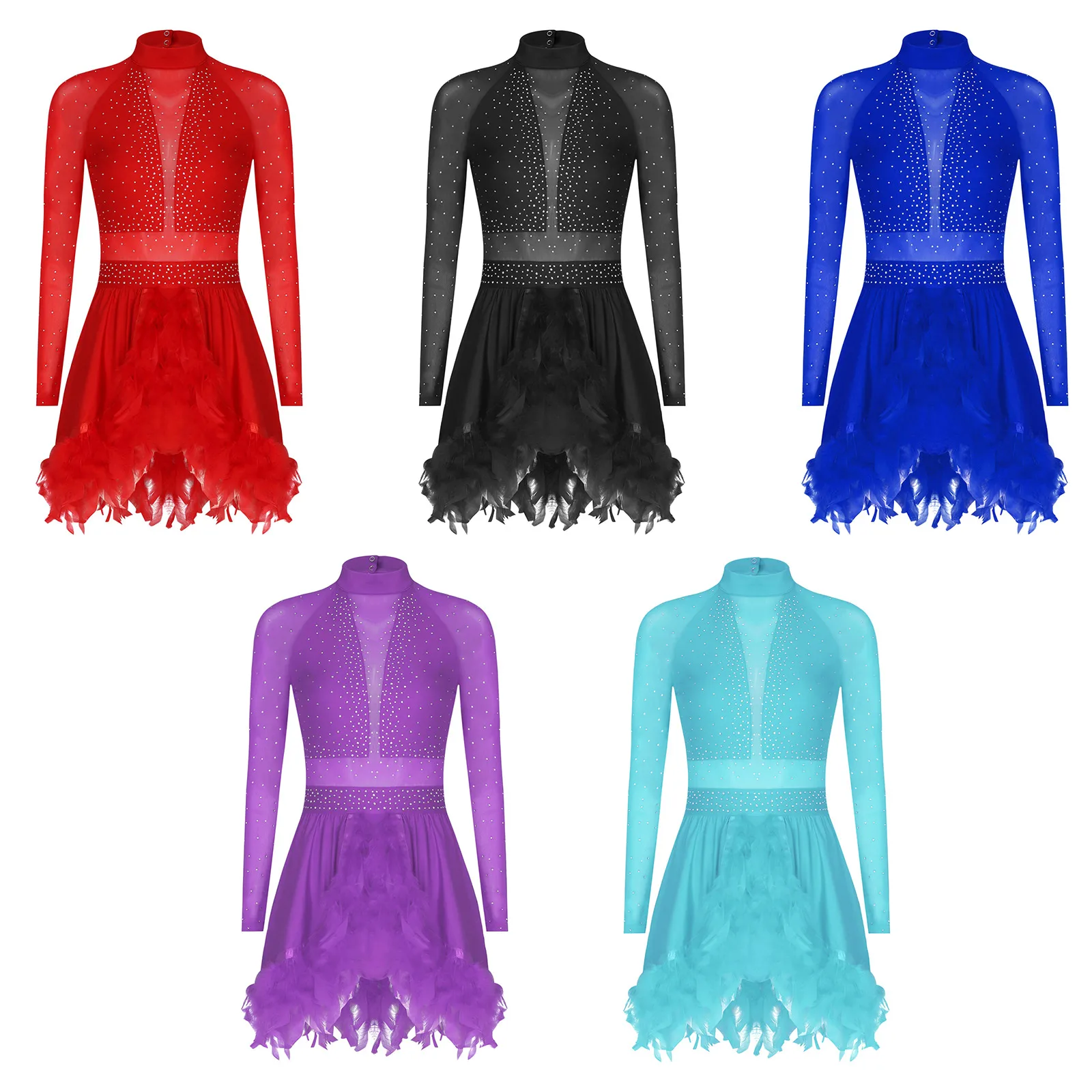 Robe de danse latine pour femmes, justaucorps de Jazz Tango, vêtements de danse Samba Rumba, strass, maille transparente, manches longues, coupe au dos, ourlet en plumes