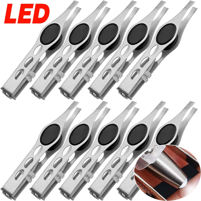 الفولاذ المقاوم للصدأ LED الملقط الرموش الصناعية الحاجب كليب الذكية تصميم الشعر إزالة الملقط ماكياج أداة زاوية طرف مدبب