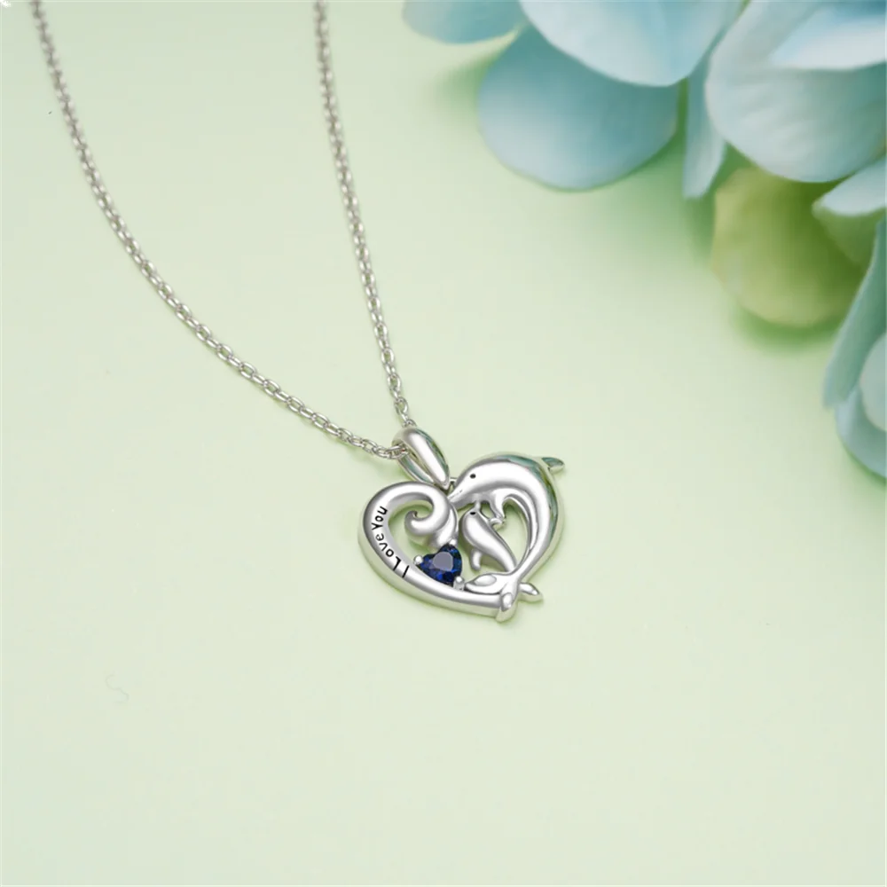 Creative Heart Shape Double Dolphin Blue Crystal Pendant Necklace for Women Elegant Lady Party Jewelry Romantic Anniversary Gift