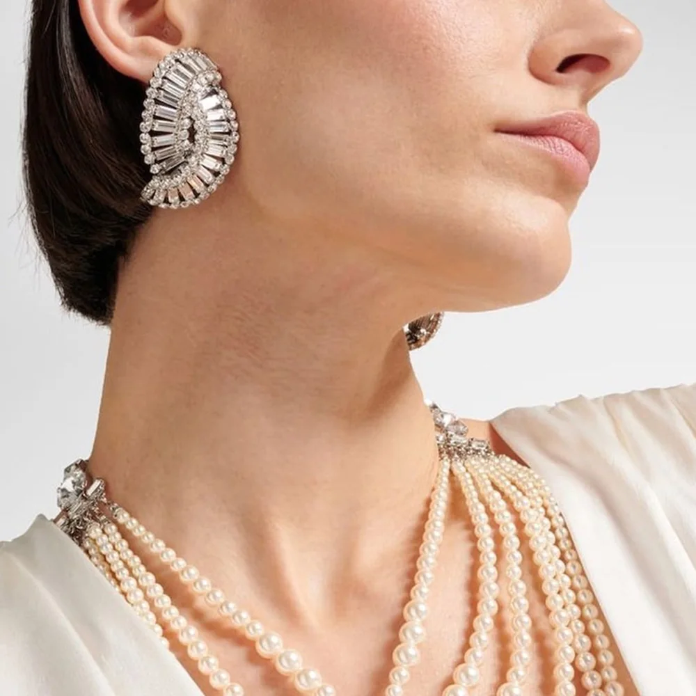 Stonefans Braided Geometric Ear Clip Earrings No Piercing for Women Temperament Bling Rhinestone Clip Earrings Wedding Jewelry