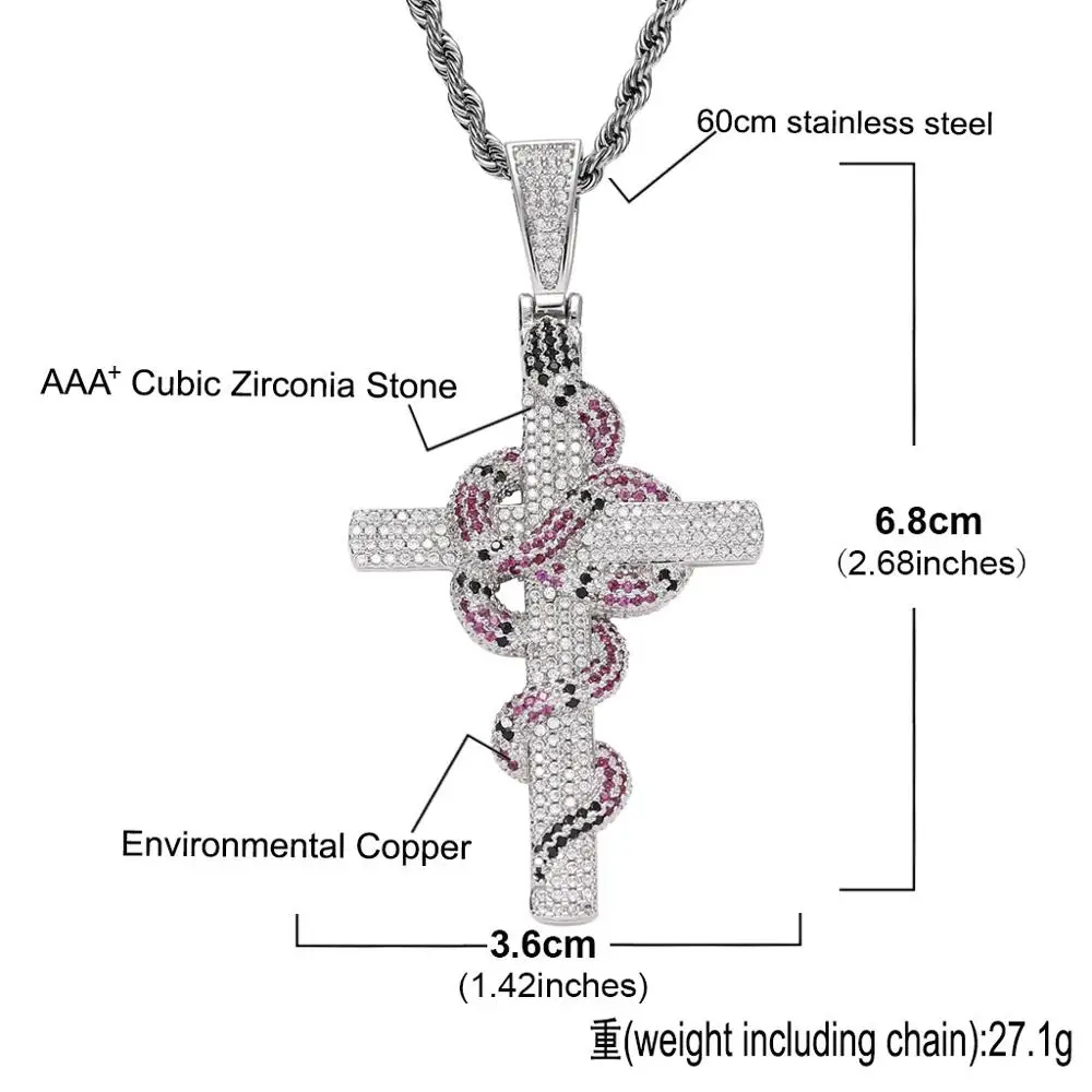 Hip Hop AAA+ Cubic Zirconia Paved Bling Iced Out Snake Cross Pendants Necklace for Men Rapper Jewelry Gold Color