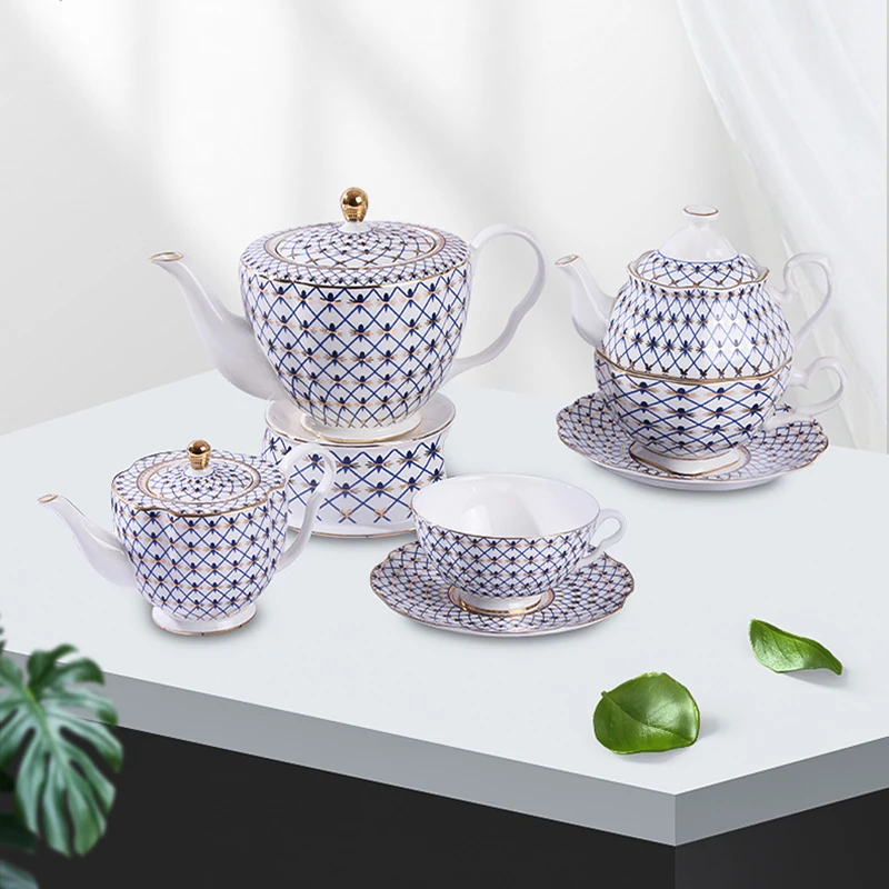 Western Style Teapot Set Golden Rim Grid Design Coffee Cup Flower Tea Cups Milk Jug With Handle Tea Party Wedding Tableware Set