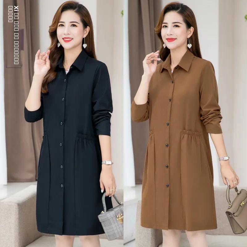 

Весенне-осенняя однотонная женская ветровка свободного кроя, больших размеров, в корейском стиле, средней длины, для женщин среднего возраста