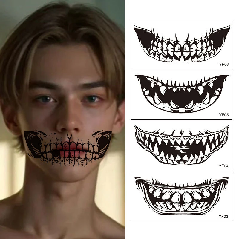 10Pcs Funny Halloween Tattoo Sticker Face Sticker Mouth Teeth Tattoo Stickers Waterproof Dark Wind Makeup Temporary Tattoos