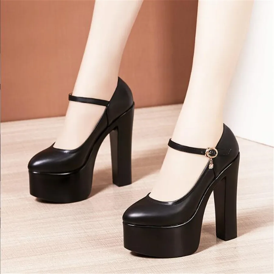 15cm Super High Heels Women's Platform Pumps New Fashion Buckle Solid Black Career Work Shoes Woman High Quality Shoes Femme