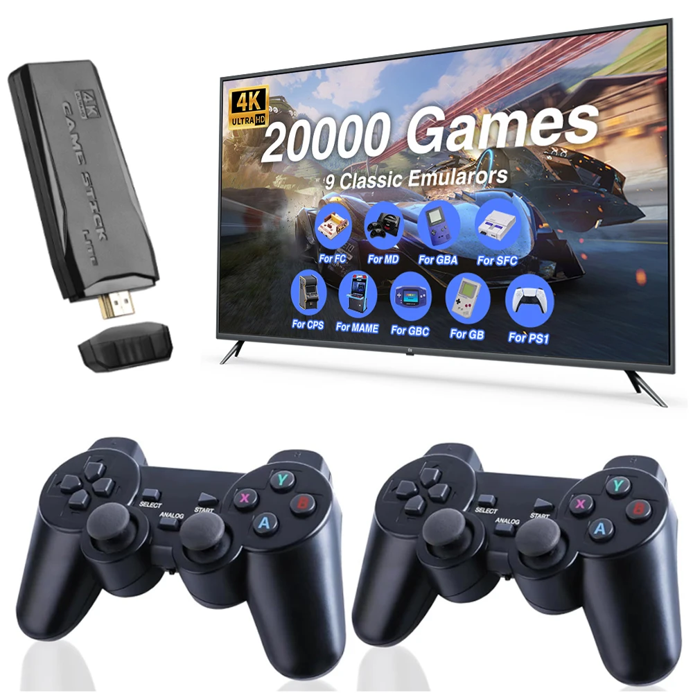 4K Video Game Console Wireless Controller Gamepad Built-in 20000+ Games 64G Retro Handheld Game Player HD TV Game Stick