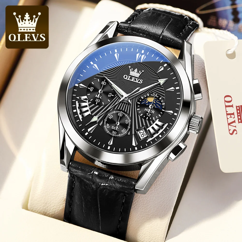 OLEVS 2876 Genuine Leather Strap Quartz Watcges for Men Waterproof Chronograph Moon Phase Auto Date Luxury Top Men\'s Wrist Clock