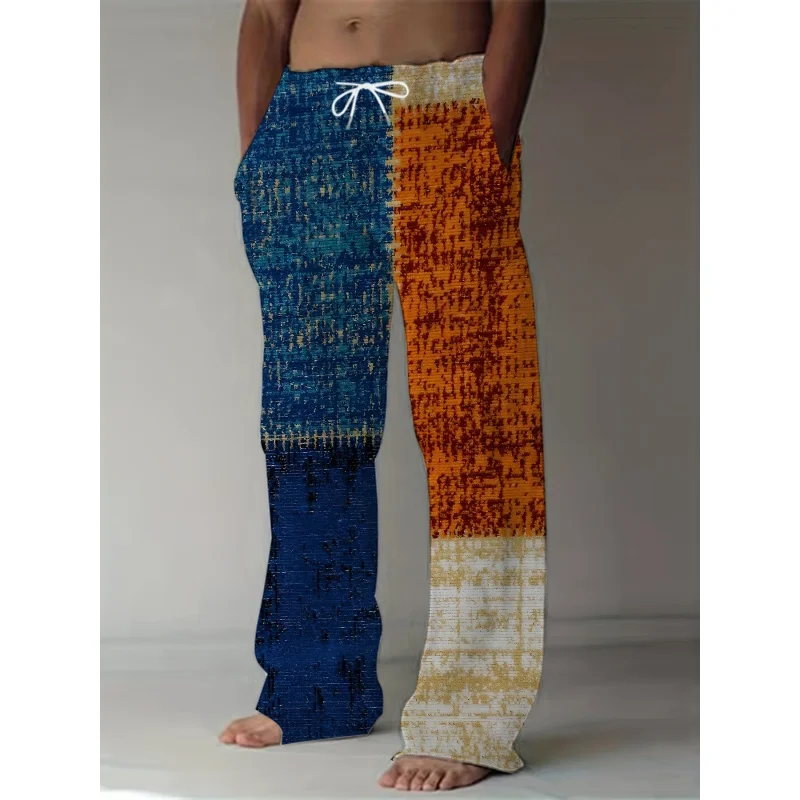 Men'S Spring And Fall Fashion Casual Pants  Geometric Print Straight Leg Pants With Drawstring Casual Retro Loose Fit Trousers