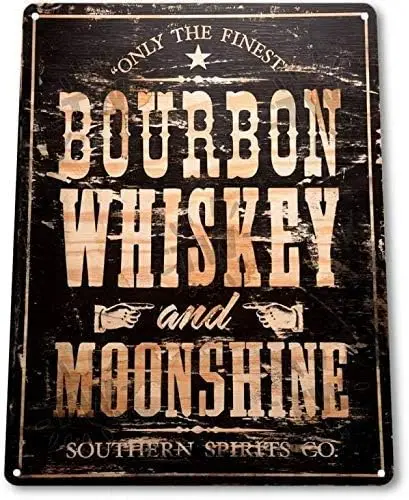 Vintage Metal Tin Sign 8x12 Inches Bourbon Whiskey Moonshine Weathered Wall Decor Bar Man Cave