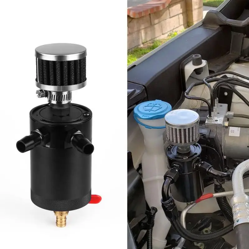 Universal Racing Baffled Aluminum Oil Catch Can Tank 3-Port Reservoir With Drain Valve Breather Cylinder Filter Kit