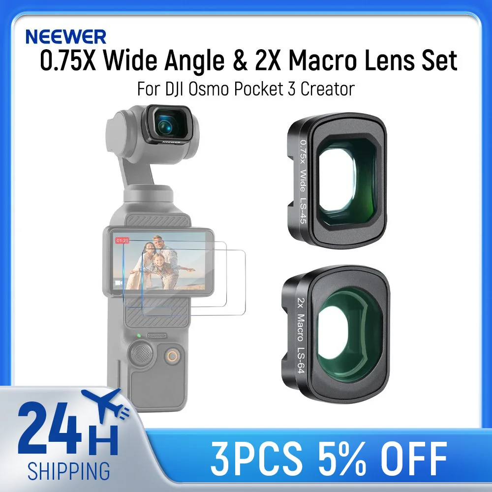 

NEEWER 0.75X Wide Angle & 2X Macro Lens Set For DJI Osmo Pocket 3 Creator Combo Accessories with Two Screen Protectors