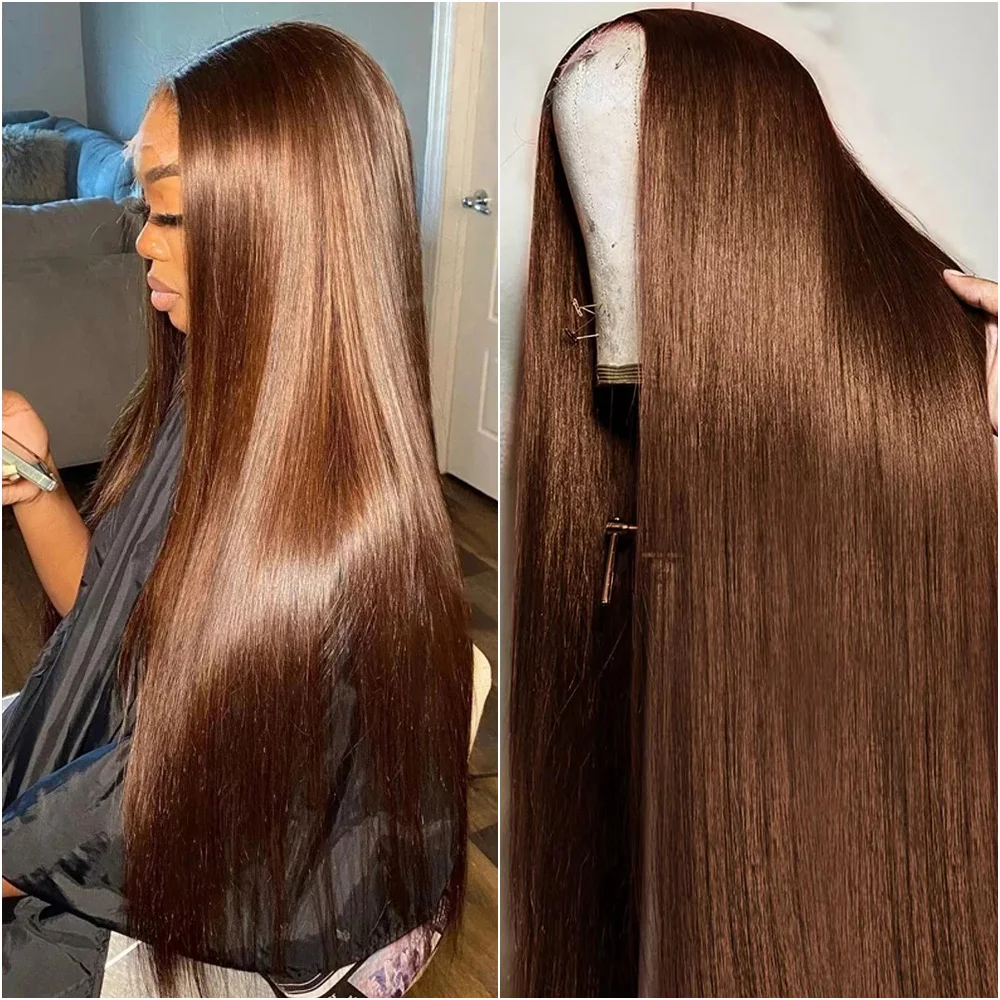 

Шоколадно-коричневый прямой парик из натуральных волос с кружевной передней частью 30-40 дюймов, 13x4, 13x6, HD прозрачное кружево, предварительно вычесанный, для женщин