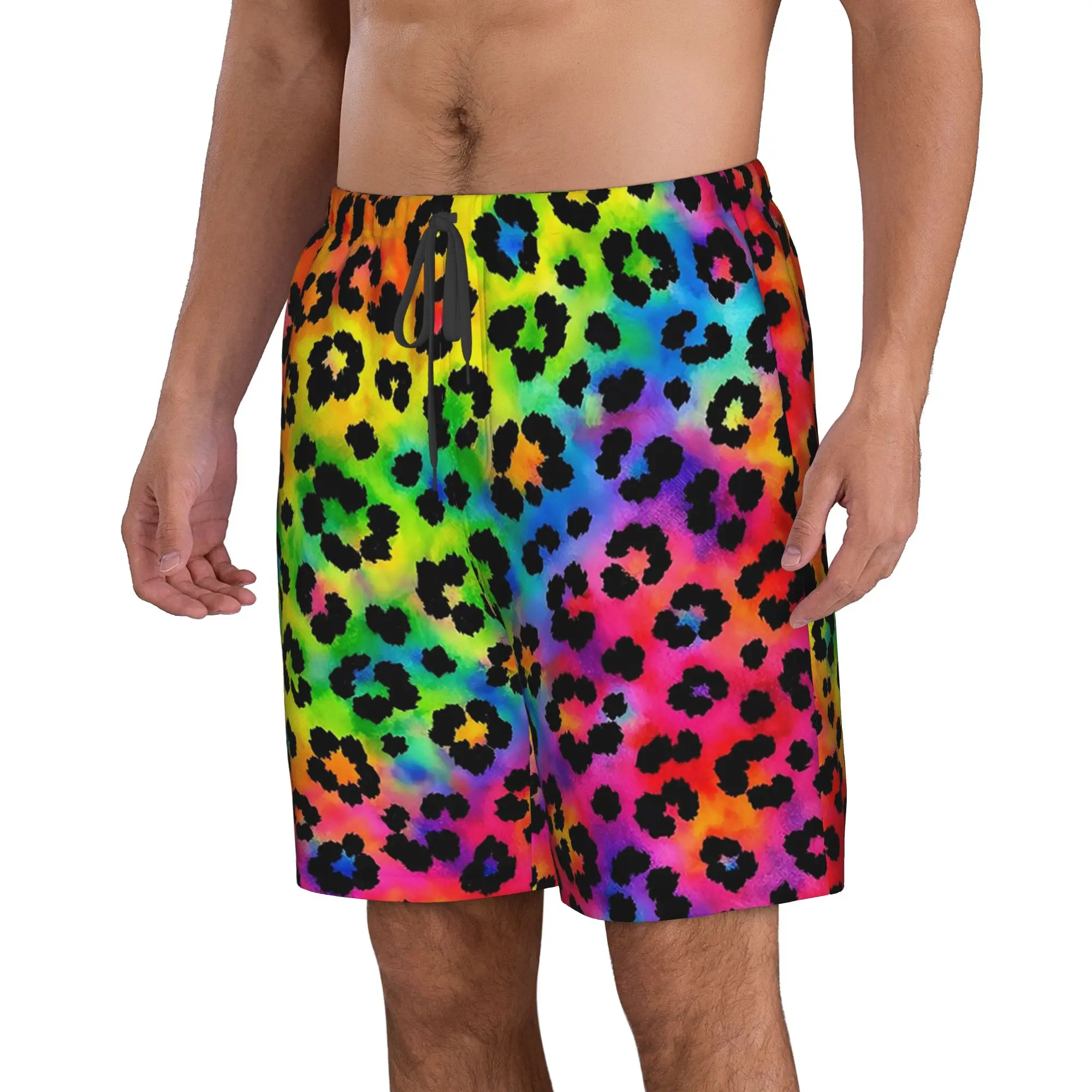 Vibrant Rainbow Leopard Print Trunks Beach Board Shorts Casual Quick Dry Swim Summer Men Pants